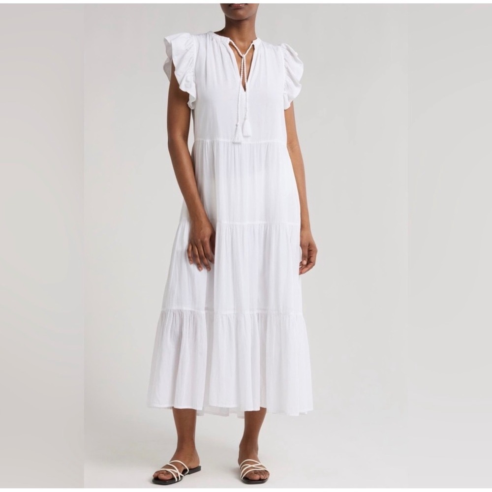 ELAN White Tiered Ruffle Maxi Dress Cover Up Size M NWT Beach Resortwear